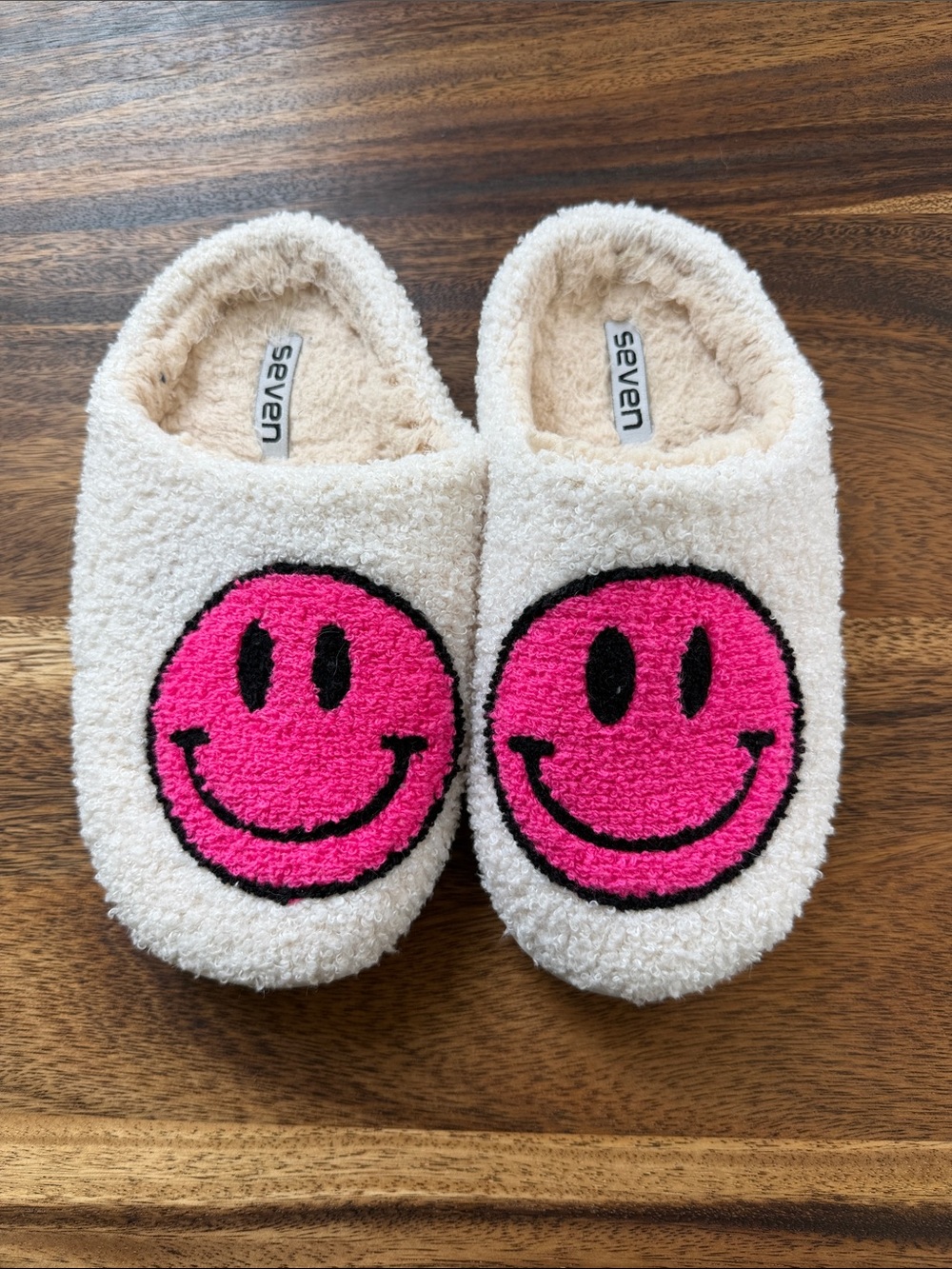 Seven Cozy Fuzzy Slippers with Pink Smiley